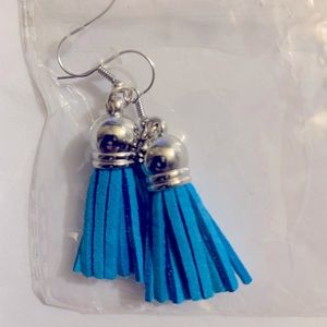 Leather tassel post earrings - HANDMADE turquoise colored,